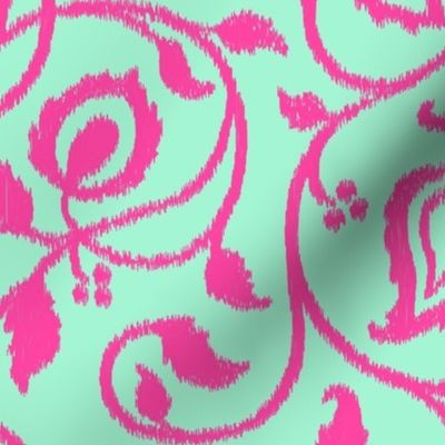 Spring paisley Ikat vines - Hot Pink on Mint - Ethnic Floral - large