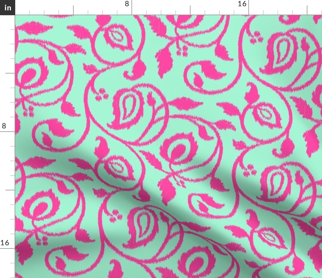 Spring paisley Ikat vines - Hot Pink on Mint - Ethnic Floral - large