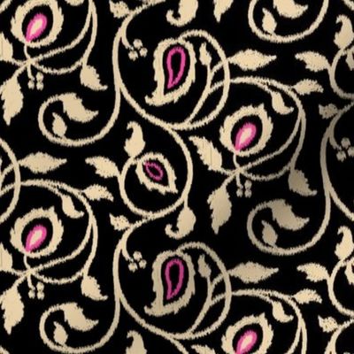 Spring paisley Ikat vines - sand and hot pink on black - ethnic floral - medium