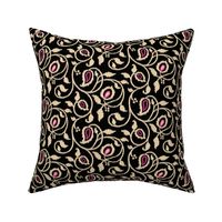 Spring paisley Ikat vines - sand and hot pink on black - ethnic floral - medium