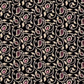 Spring paisley Ikat vines - sand and hot pink on black - ethnic floral - medium