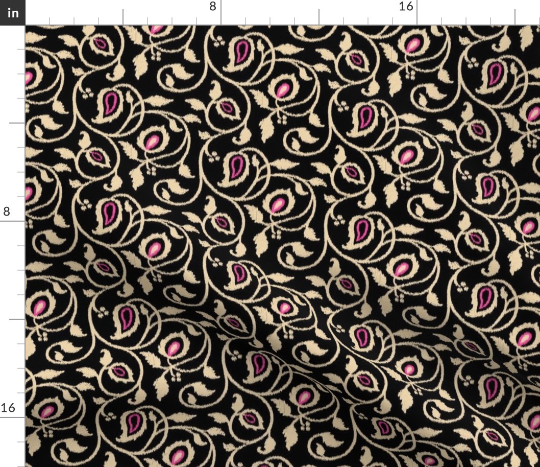 Spring paisley Ikat vines - sand and hot pink on black - ethnic floral - medium