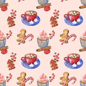 Christmas cups and sweets on beige