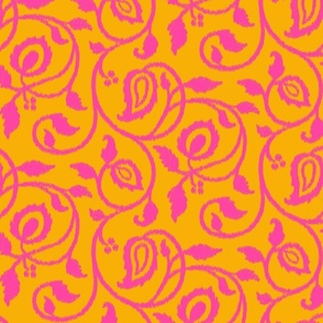 Spring paisley Ikat vines - Hot Pink on Marigold orange-yellow - ethnic floral - large
