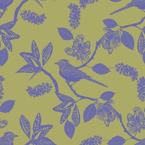 Blue Jay Linocut Periwinkle Blue on Chartreuse - Large 