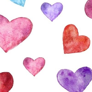 Watercolor hearts tossed, red pink blue purple - 20" large