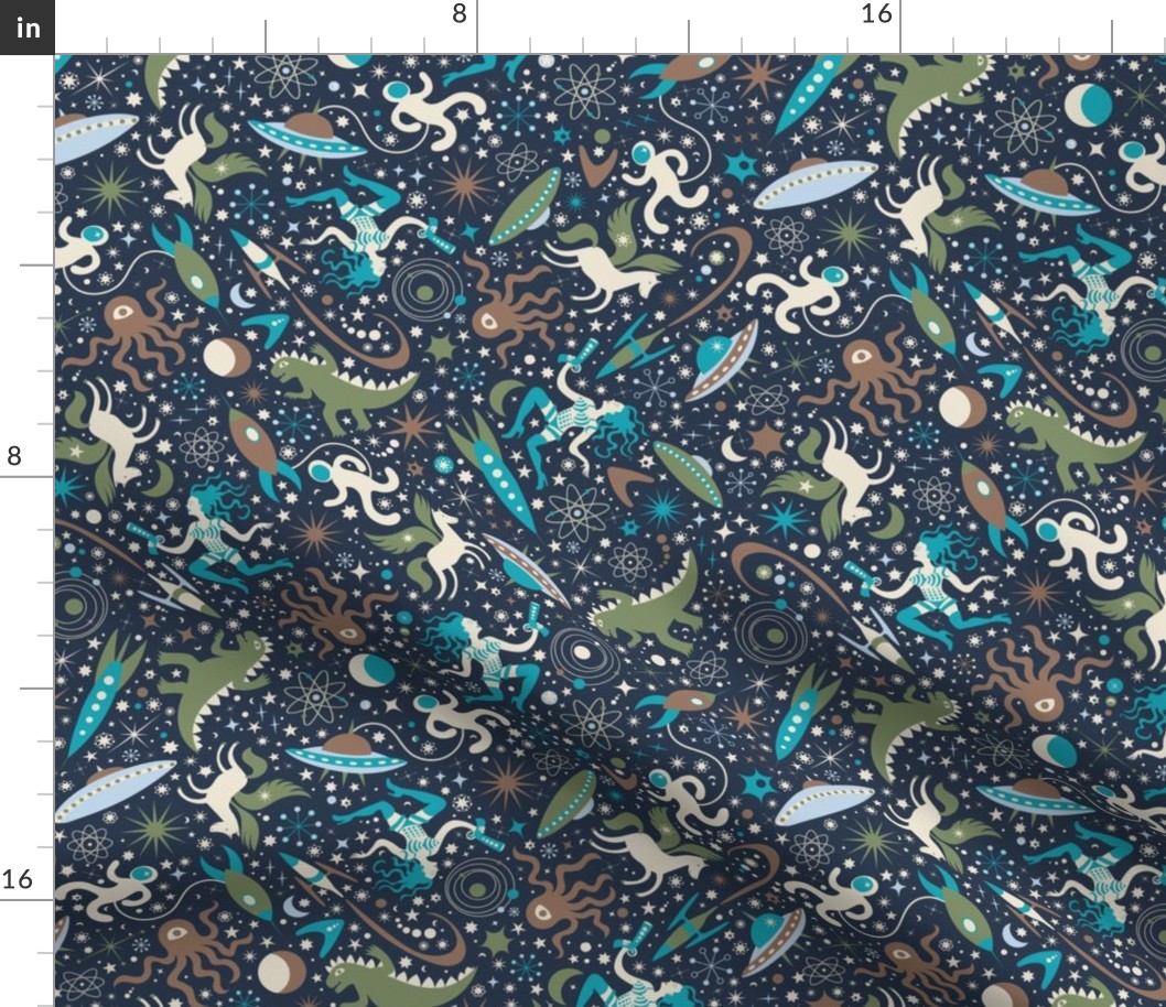 Midcentury Space Adventures Ditsy -  Blue and Green on navy