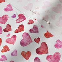 Watercolor hearts tossed, red pink purple, 4" small