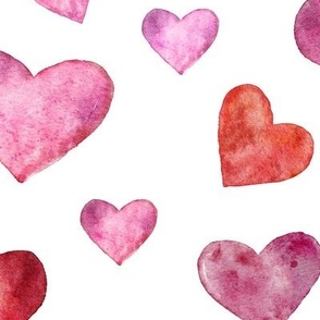 Watercolor hearts tossed, red pink purple, 20" large