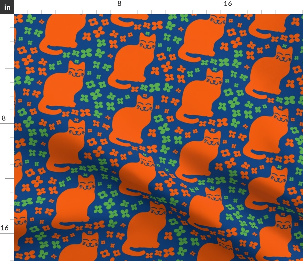 Smiling  Orange Kitty with simple florals blue green