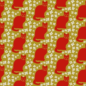 Smiling  Red Kitty with simple florals white mustard yellow
