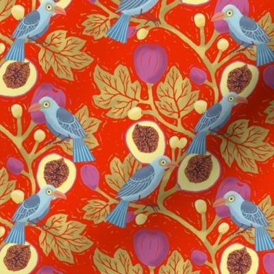 Fig branches and birds on vivid red (small size)