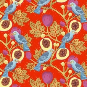 Fig branches and birds on vivid red (small size)