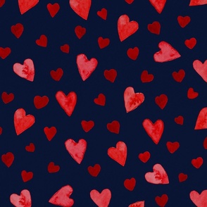 Red on Navy Watercolor Hearts - Large Scale