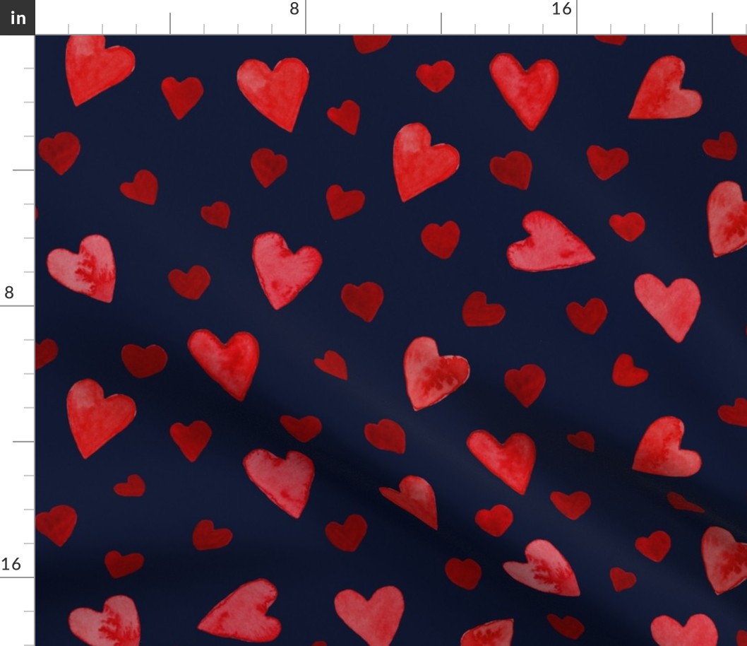 Red on Navy Watercolor Hearts - Large Scale