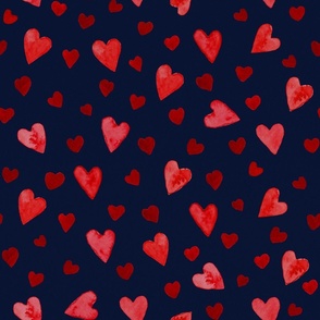 Red on Navy Watercolor Hearts - Medium Scale