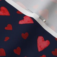 Watercolor Hearts Red on Navy - Small Scale