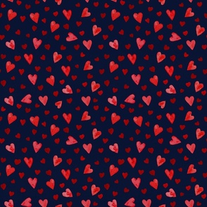 Watercolor Hearts Red on Navy - Small Scale