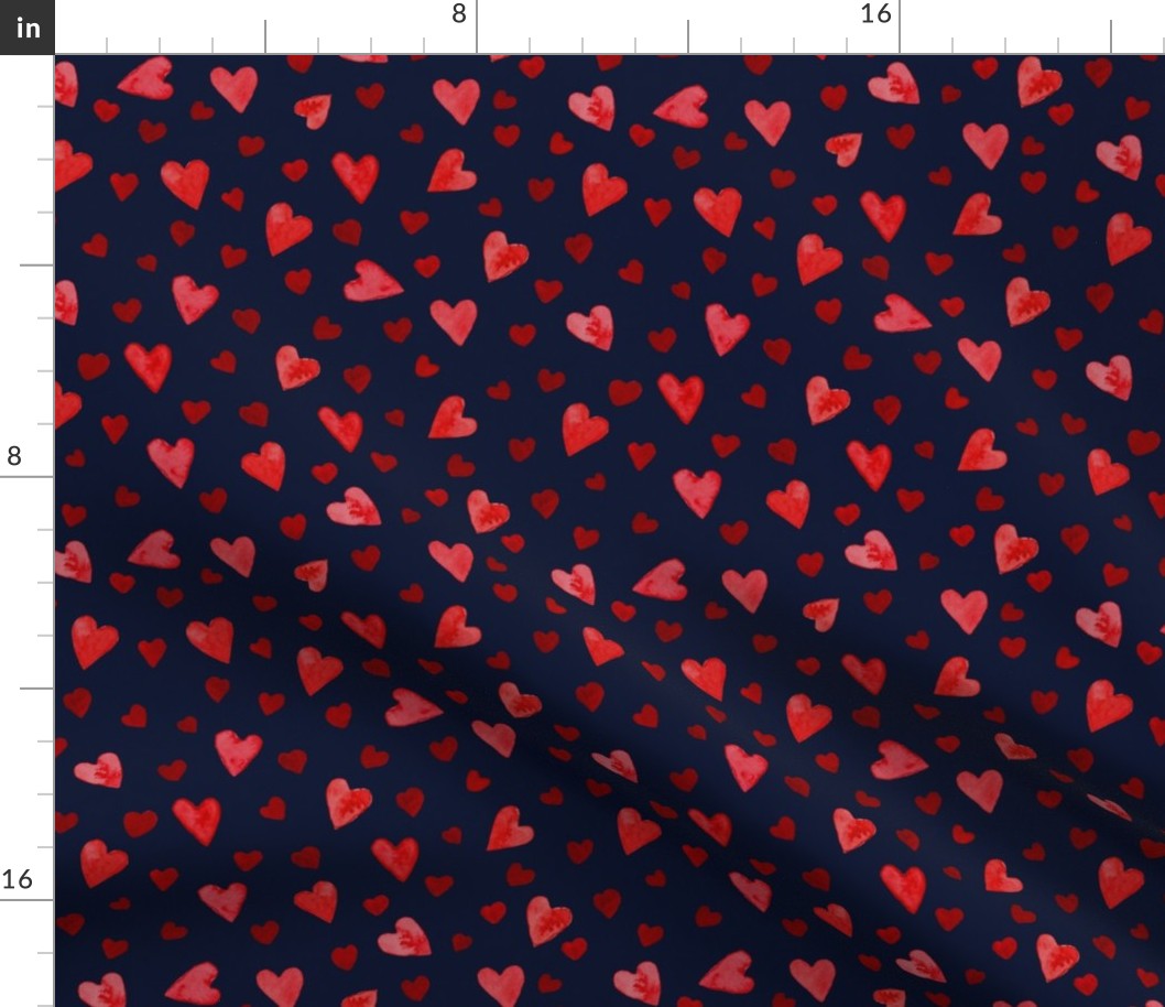 Watercolor Hearts Red on Navy - Small Scale