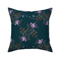 Victorian pink roses on dark teal - large scale