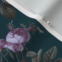 Victorian pink roses on dark teal - large scale