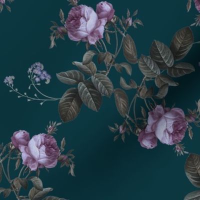Victorian pink roses on dark teal - large scale