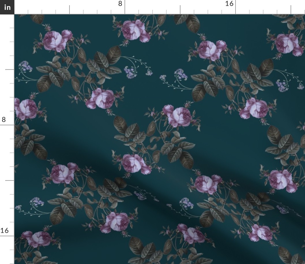 Victorian pink roses on dark teal - large scale