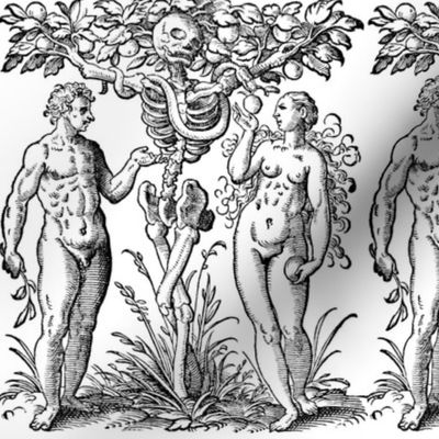 Adam Eve Garden Eden tree knowledge of good and evil snake serpent  apples temptation naked nudes first man woman skeletons black white monochrome eerie macabre spooky bizarre morbid bible Christianity husband wife couple