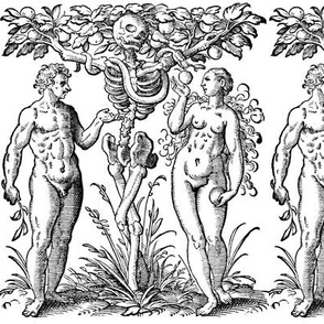 Adam Eve Garden Eden tree knowledge of good and evil snake serpent  apples temptation naked nudes first man woman skeletons black white monochrome eerie macabre spooky bizarre morbid bible Christianity husband wife couple