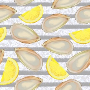 oysters and lemon wedges on ice - grey stripe