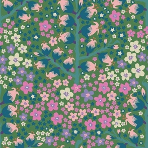 Vintage florals - green (barefoot and boho collection - fabric 12" wallpaper 24") This pretty busy pattern features colourful florals in a maximalist vintage style.