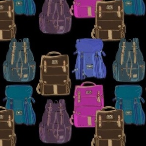 Backpacks handdrawn in pink, brow, periwinkle, teal 6” repeat