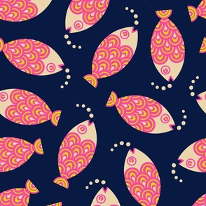 Swimming Fish Undersea Ocean Retro Geometric in Hot Pink Sand Midnight Blue - Tossed Layout - MEDIUM Scale - UnBlink Studio by Jackie Tahara