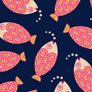 Swimming Fish Undersea Ocean Retro Geometric in Hot Pink Sand Midnight Blue - Tossed Layout - LARGE Scale - UnBlink Studio by Jackie Tahara