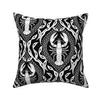 Lobster and Seaweed Nautical Damask - black white -medium scale