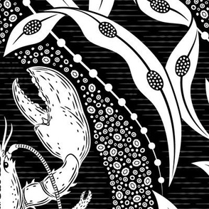 Lobster and Seaweed Nautical Damask - black white - large scale