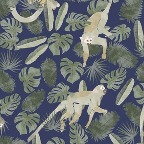 Large Monkey in Tropical Leaves on Navy Blue Watercolor Safari Animals Squirrel Monkeys with Monstera