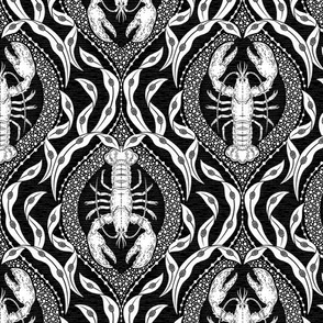 2 directional - Lobster and Seaweed Nautical Damask - black white - small scale