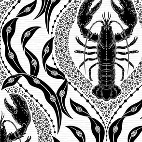 Lobster and Seaweed Nautical Damask - white black - medium scale