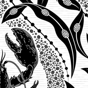 Lobster and Seaweed Nautical Damask - white black - large scale