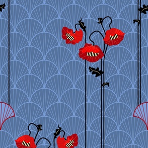  art nouveau gray-blue scallops + red poppies large scale