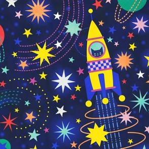 Space Adventure Jumbo- Multicolored on Navy Blue Background- Intergalactic Cats Extra Large- Rainbow Space Cat- VintagePets- 80s Retro- Ditsy- Multidirectional- Outer Space Ufo Arcade Games Wallpaper- Home Decor-