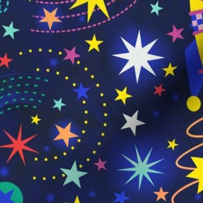 Space Adventure Large- Multicolored on Navy Blue Background- Intergalactic Cats- Rainbow Space Cat- VintagePets- 80s Retro- Ditsy- Multidirectional- Outer Space Ufo Arcade Games Wallpaper- Home Decor