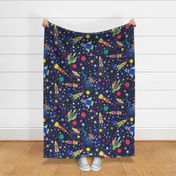 Space Adventure Large- Multicolored on Navy Blue Background- Intergalactic Cats- Rainbow Space Cat- VintagePets- 80s Retro- Ditsy- Multidirectional- Outer Space Ufo Arcade Games Wallpaper- Home Decor