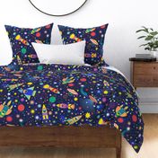 Space Adventure Large- Multicolored on Navy Blue Background- Intergalactic Cats- Rainbow Space Cat- VintagePets- 80s Retro- Ditsy- Multidirectional- Outer Space Ufo Arcade Games Wallpaper- Home Decor