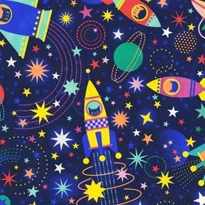 Space Adventure Large- Multicolored on Navy Blue Background- Intergalactic Cats- Rainbow Space Cat- VintagePets- 80s Retro- Ditsy- Multidirectional- Outer Space Ufo Arcade Games Wallpaper- Home Decor