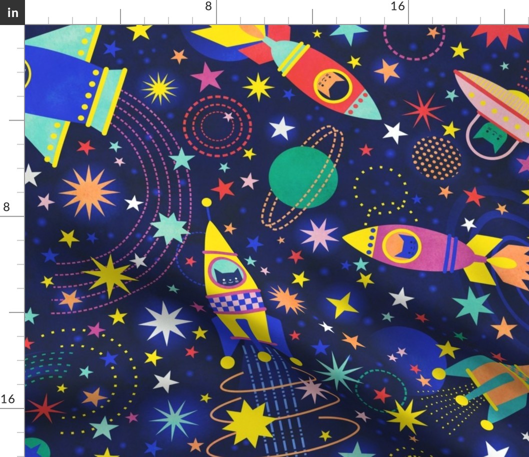 Space Adventure Large- Multicolored on Navy Blue Background- Intergalactic Cats- Rainbow Space Cat- VintagePets- 80s Retro- Ditsy- Multidirectional- Outer Space Ufo Arcade Games Wallpaper- Home Decor