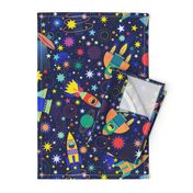 Space Adventure Medium- Multicolored on Navy Blue Background- Intergalactic Cats- Rainbow Space Cat- VintagePets- 80s Retro- Ditsy- Multidirectional- Outer Space Ufo Arcade Games- Kids- Children Bedroom