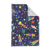 Space Adventure Medium- Multicolored on Navy Blue Background- Intergalactic Cats- Rainbow Space Cat- VintagePets- 80s Retro- Ditsy- Multidirectional- Outer Space Ufo Arcade Games- Kids- Children Bedroom
