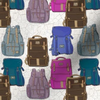 Hand drawn backpacks on cracked Earth background 6” reoeat